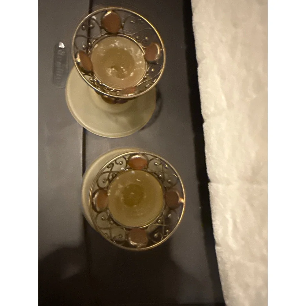 Vintage Frosted Amber Glass Candle Holders Metal Filigree Cabochon Set of 2